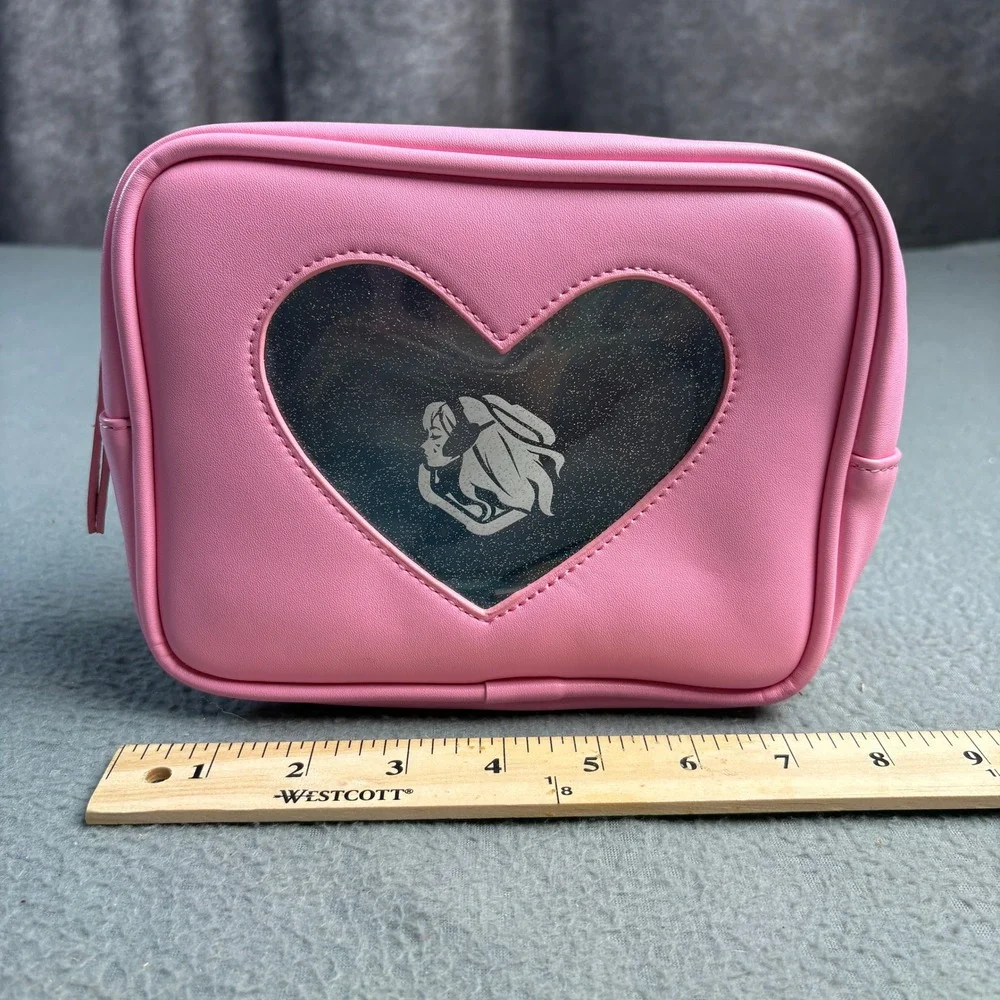 Akei Pink Heart Window Makeup Bag Vegan Leather Glitter Cosmetic Pouch Y2K